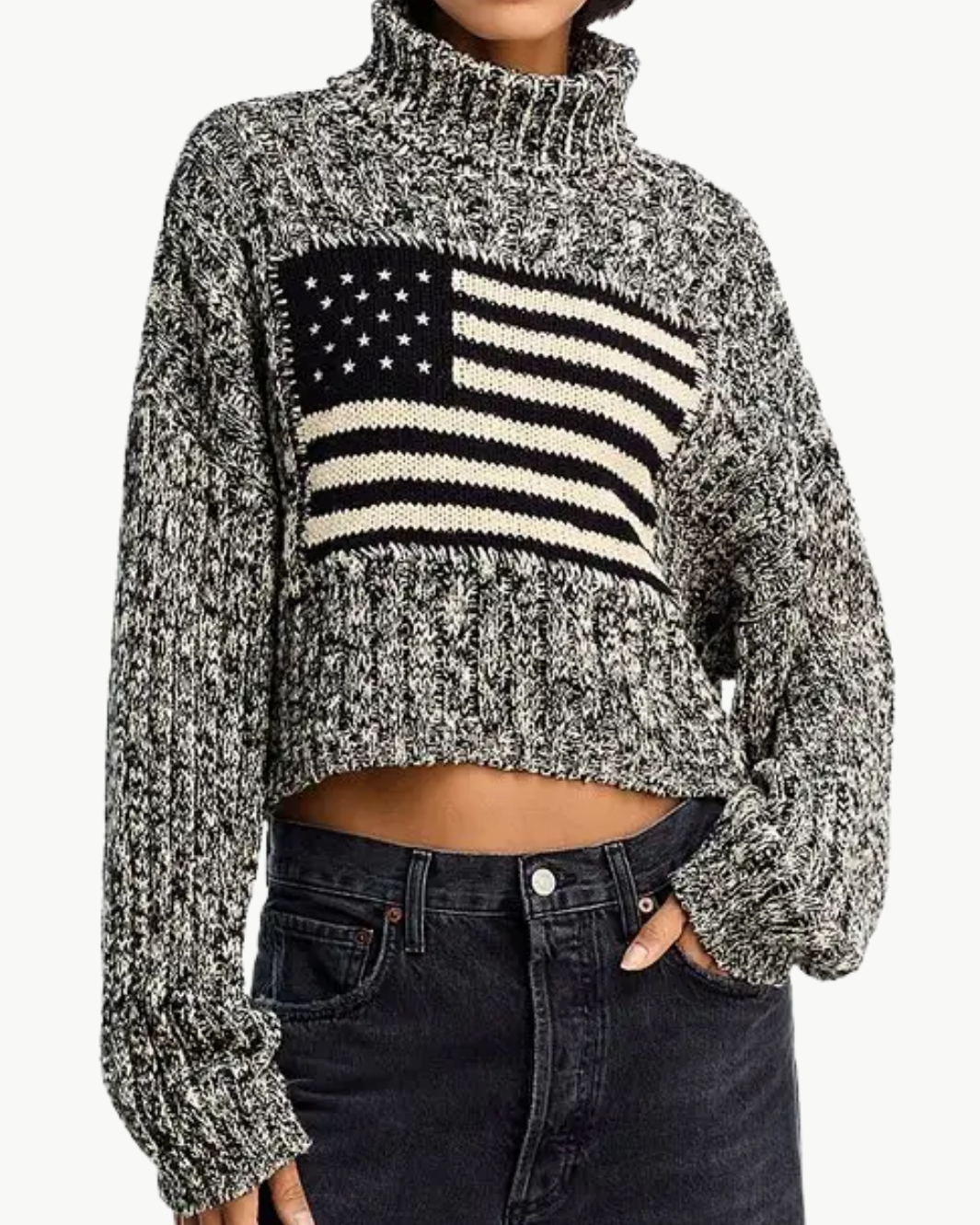 AMERICAN FLAG CROPPED TURTLENECK SWEATER IN MARLED BLACK/CREAM