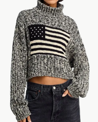 AMERICAN FLAG CROPPED TURTLENECK SWEATER IN MARLED BLACK/CREAM