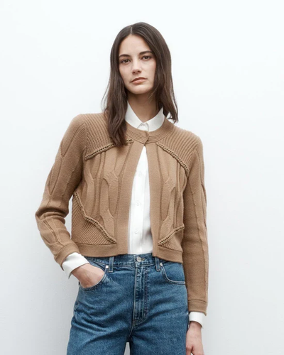 CHAIN SWEATER JACKET IN CAMEL - Romi Boutique