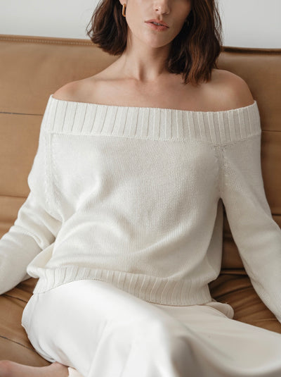 ASYMMETRIC NECKLINE SWEATER IN IVORY