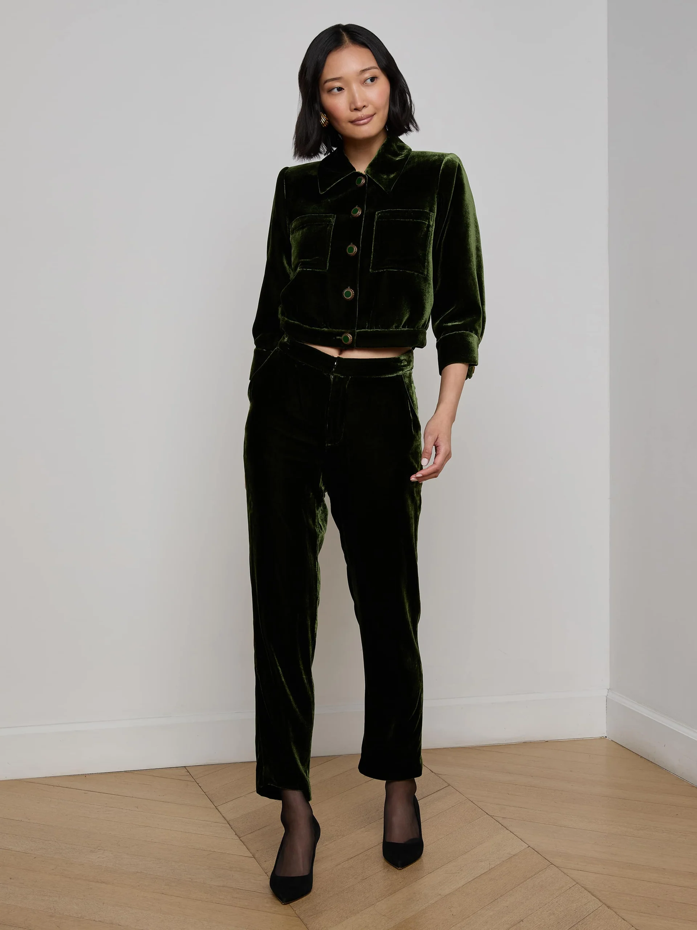 JIA VELVET JACKET IN DEEP OLIVE COATED