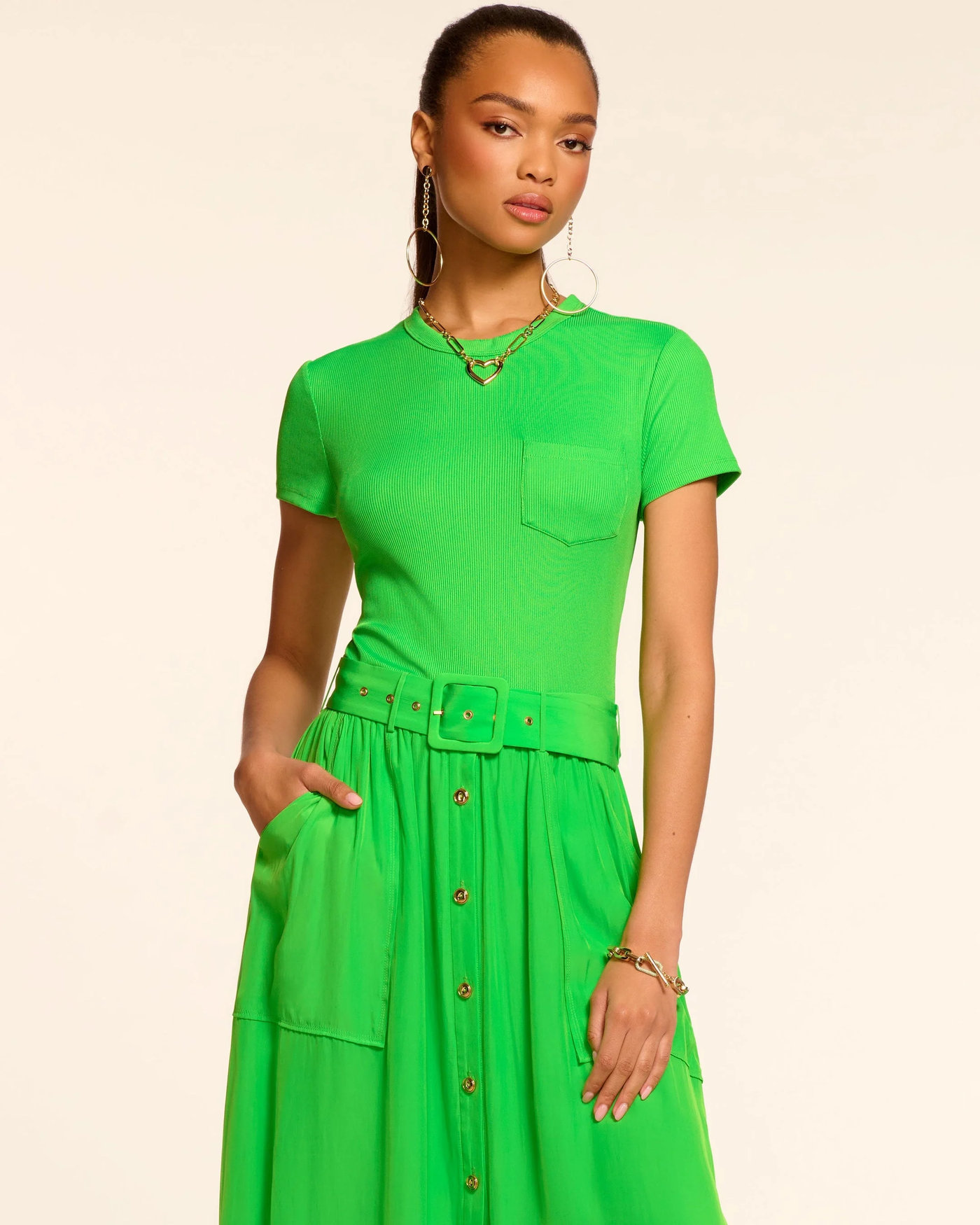 SYLVIE COMBO RIBBED MIDI DRESS IN TROPIC GREEN
