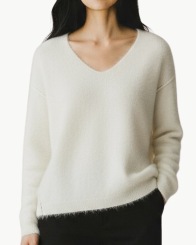 CASHMERE BRUSHED BOXY VEE IN ECRU - Romi Boutique