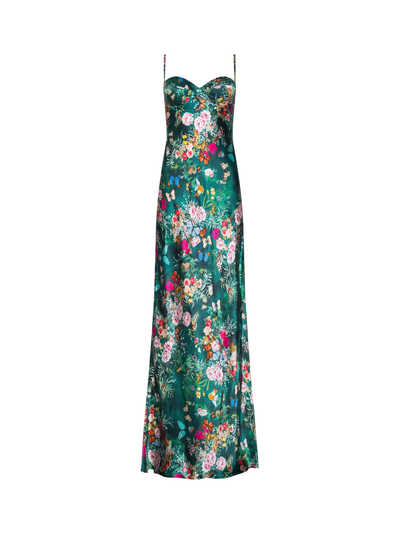 SAYLA SILK GOWN IN BOTTLE GREEN MULTI CHARONDA BUTTERFLY