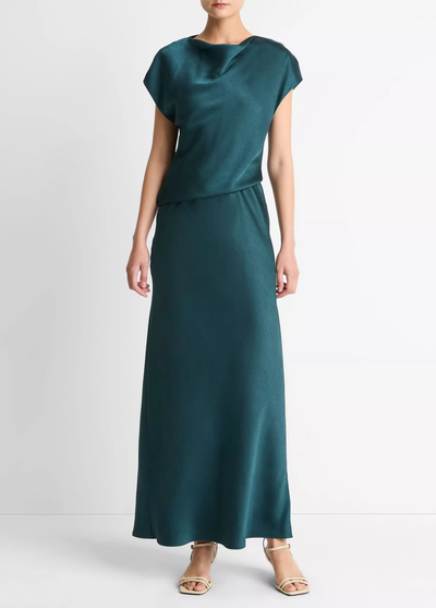DRAPED SATIN COWL-NECK DRESS IN JUNIPER