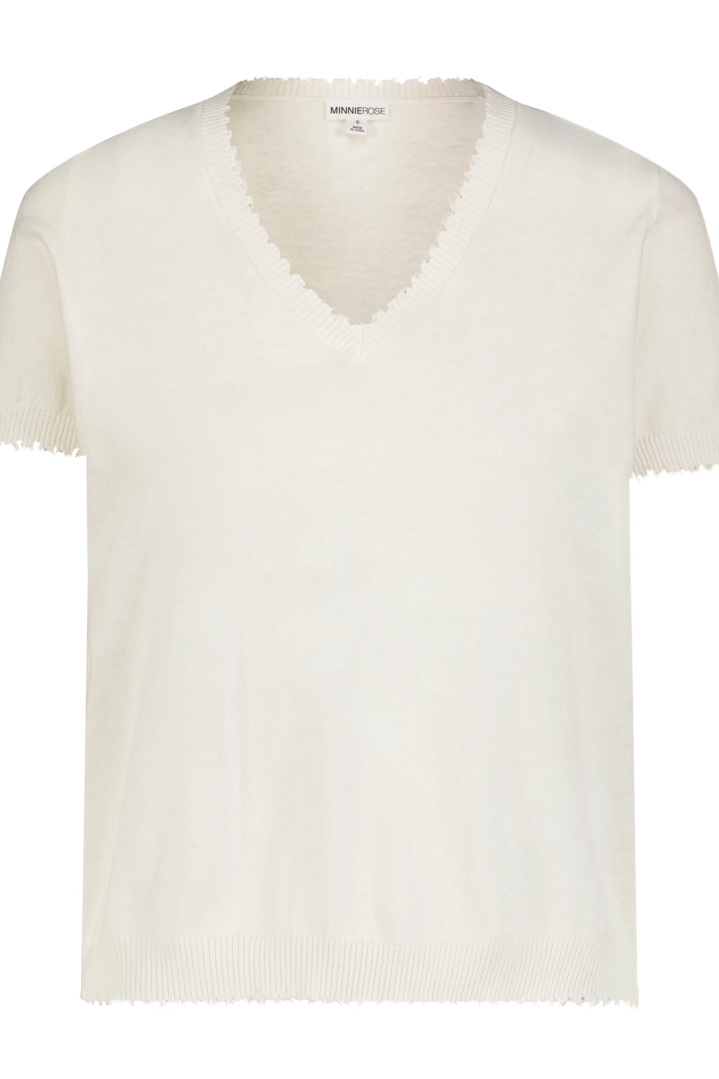COTTON CASHMERE FRAYED V TEE IN WHITE