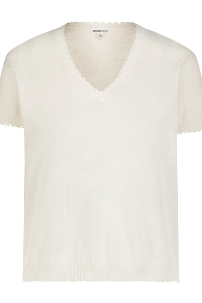 COTTON CASHMERE FRAYED V TEE IN WHITE