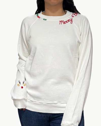 MERRY & BRIGHT REINDEER CREW SWEATSHIRT IN WHITE/RED