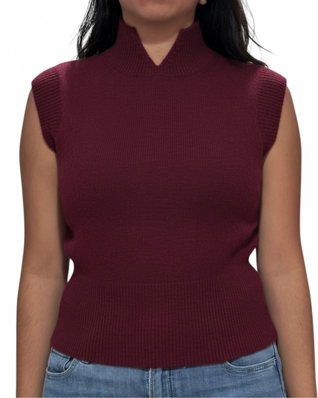 CASHMERE SLEEVELESS MOCK NECK IN SANGRIA