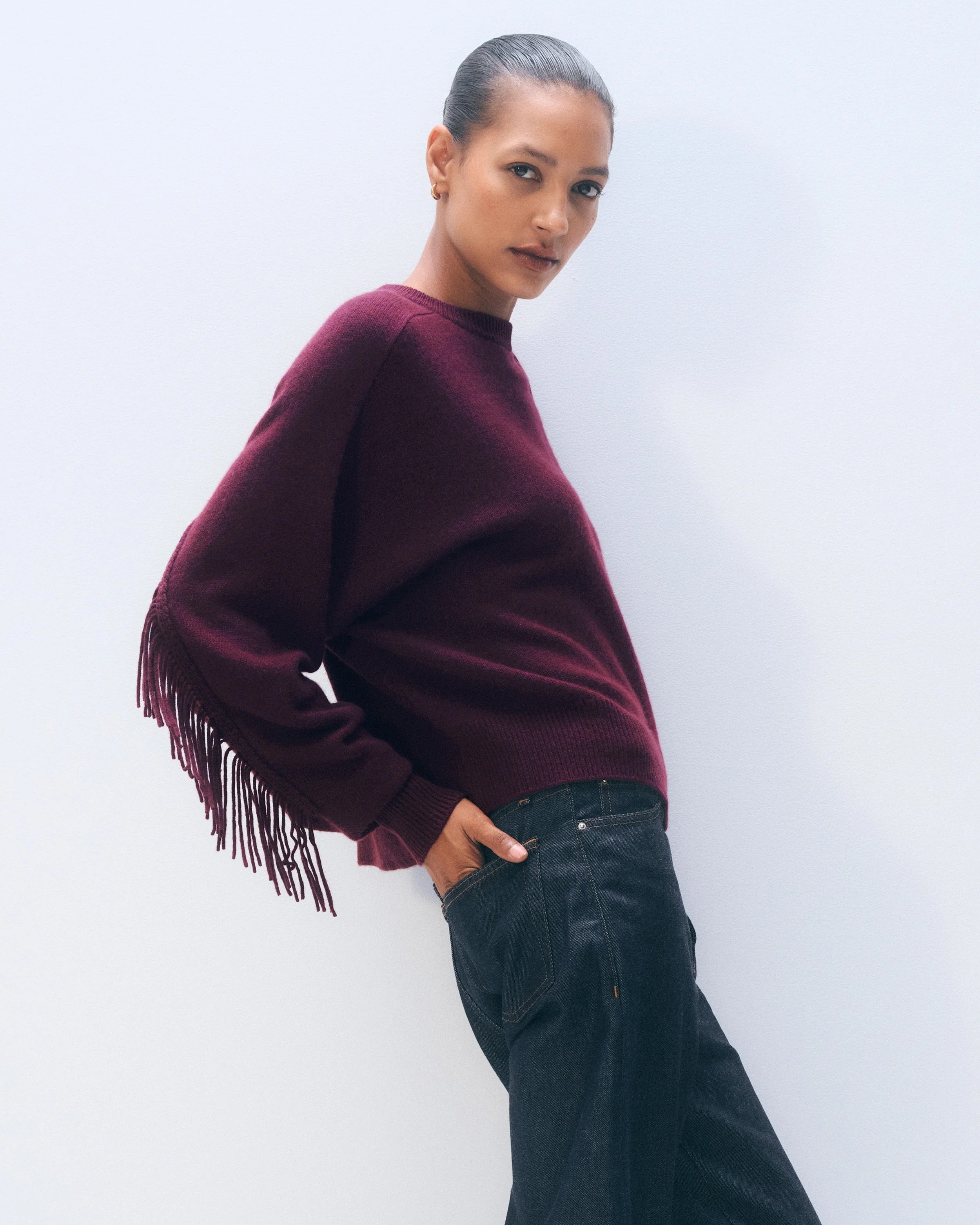 White & Warren Cashmere Blend Luxe Fringe Crewneck at Romi Boutique