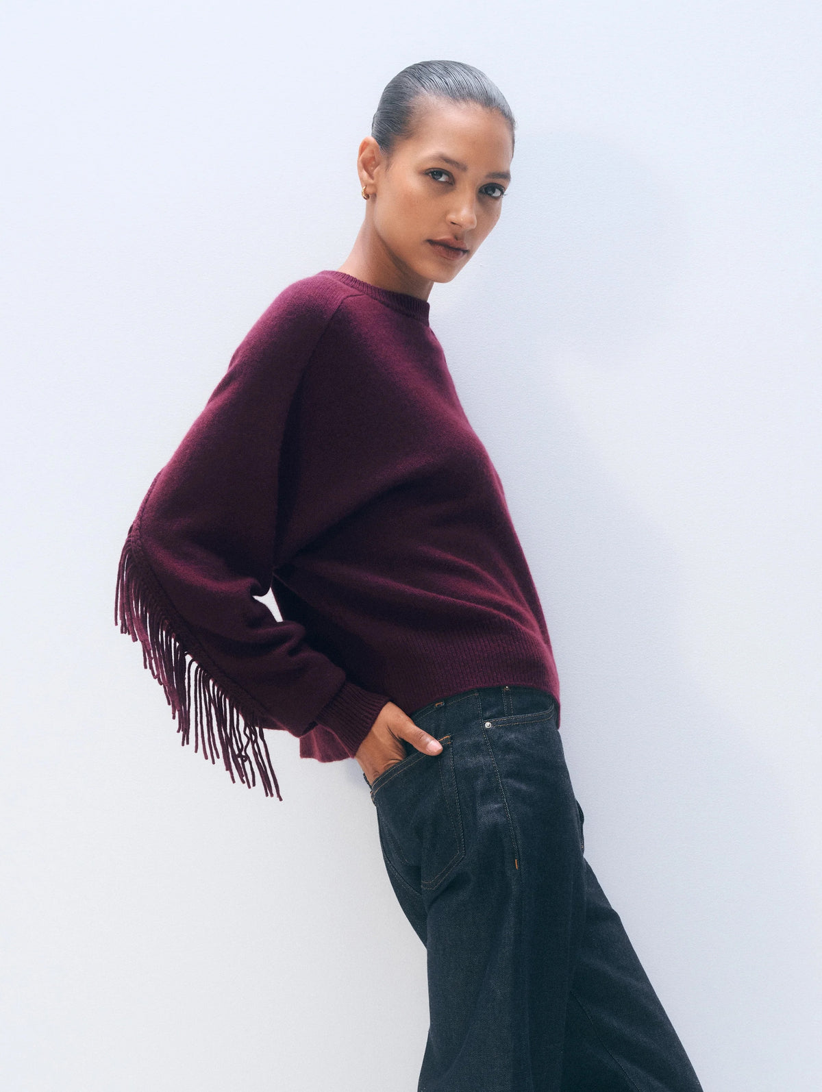 White & Warren Cashmere Blend Luxe Fringe Crewneck at Romi Boutique