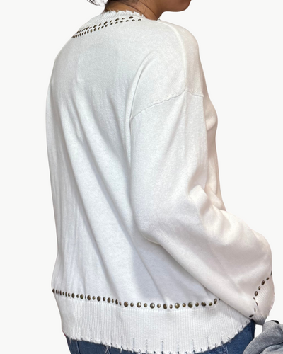 FRAYED BELL SLEEVE STUDDED CREW IN WHITE - Romi Boutique