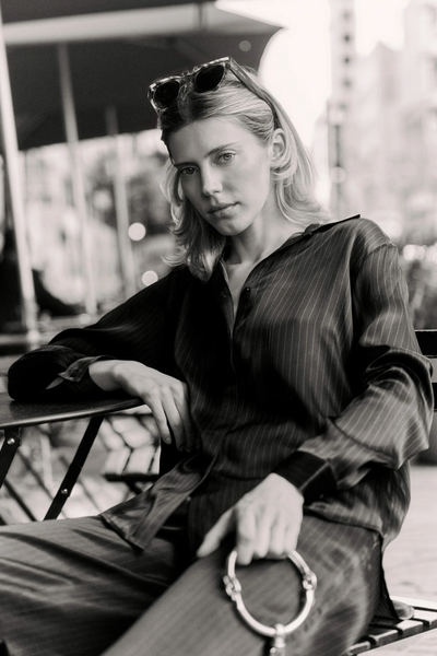 SOPHIE BLOUSE IN NAVY PINSTRIPE