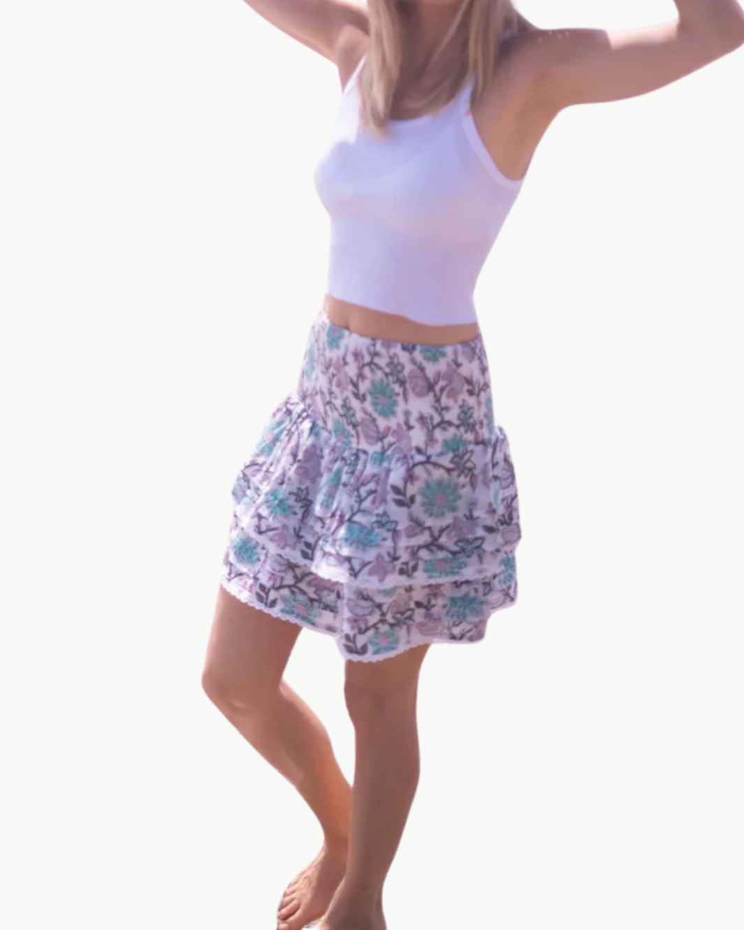 PLEATED SMOCKED MINI SKIRT IN LIGHT TURQUOISE PURPLE FLORAL by Bell - Romi Boutique