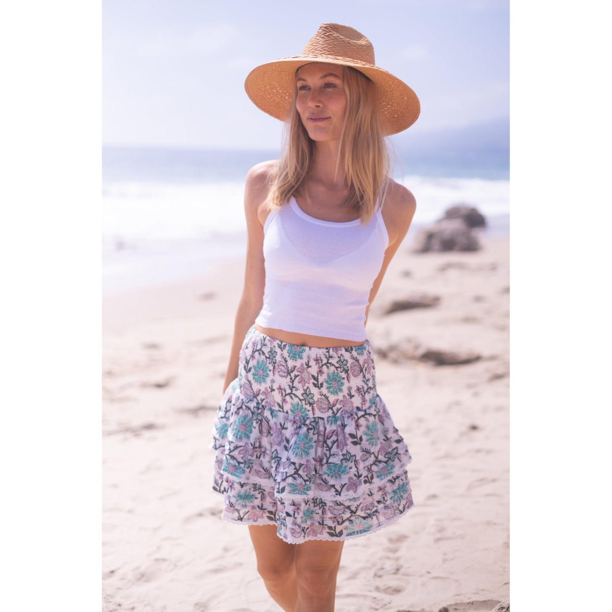 PLEATED SMOCKED MINI SKIRT IN LIGHT TURQUOISE PURPLE FLORAL by Bell - Romi Boutique