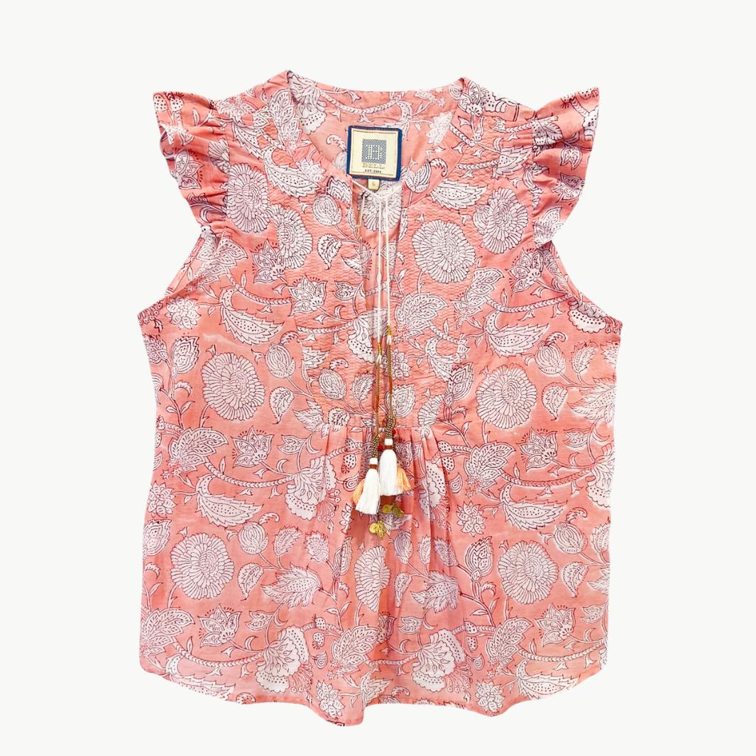 FLUTTER SLEEVE TOP IN PEACH PRINT by Bell - Romi Boutique