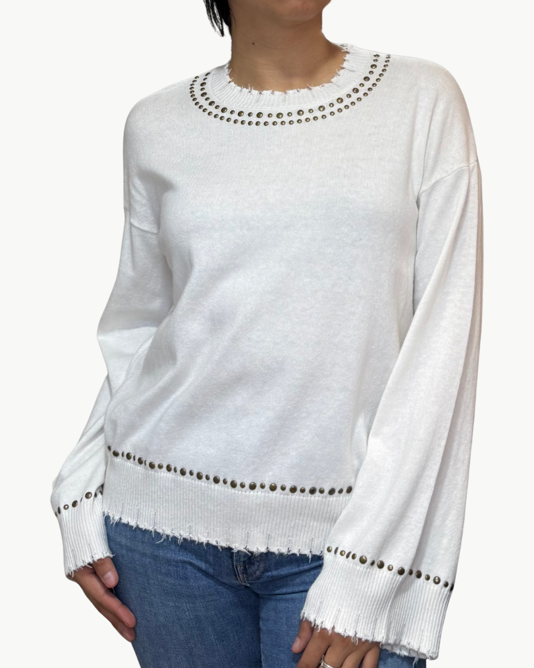 FRAYED BELL SLEEVE STUDDED CREW IN WHITE - Romi Boutique