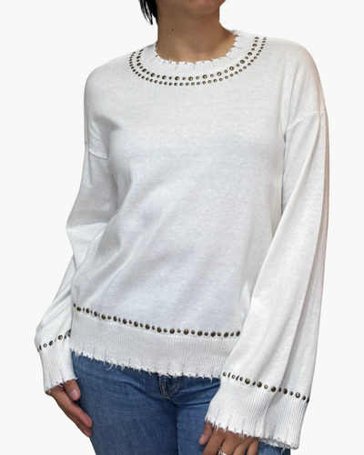 FRAYED BELL SLEEVE STUDDED CREW IN WHITE - Romi Boutique