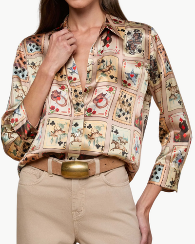 DANI 3/4 SLEEVE BLOUSE IN TAN MULTI WESTERN CARDS