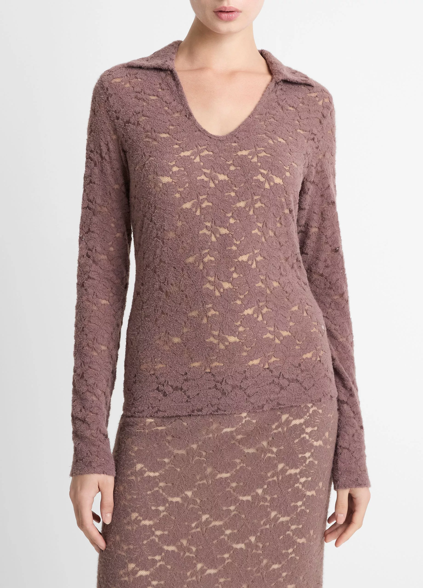 LACE LONG SLEEVE POLO TOP IN SMOKY BERRY