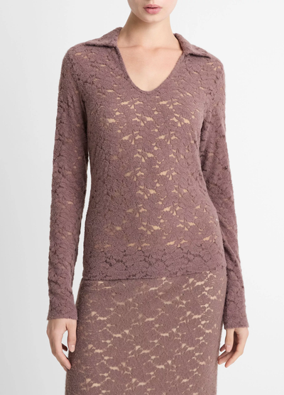 LACE LONG SLEEVE POLO TOP IN SMOKY BERRY