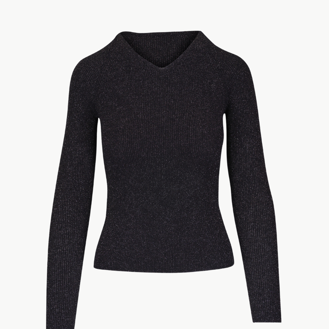 Vince METALLIC RIBBED HIGH V-NECK SWEATER at Romi Boutique