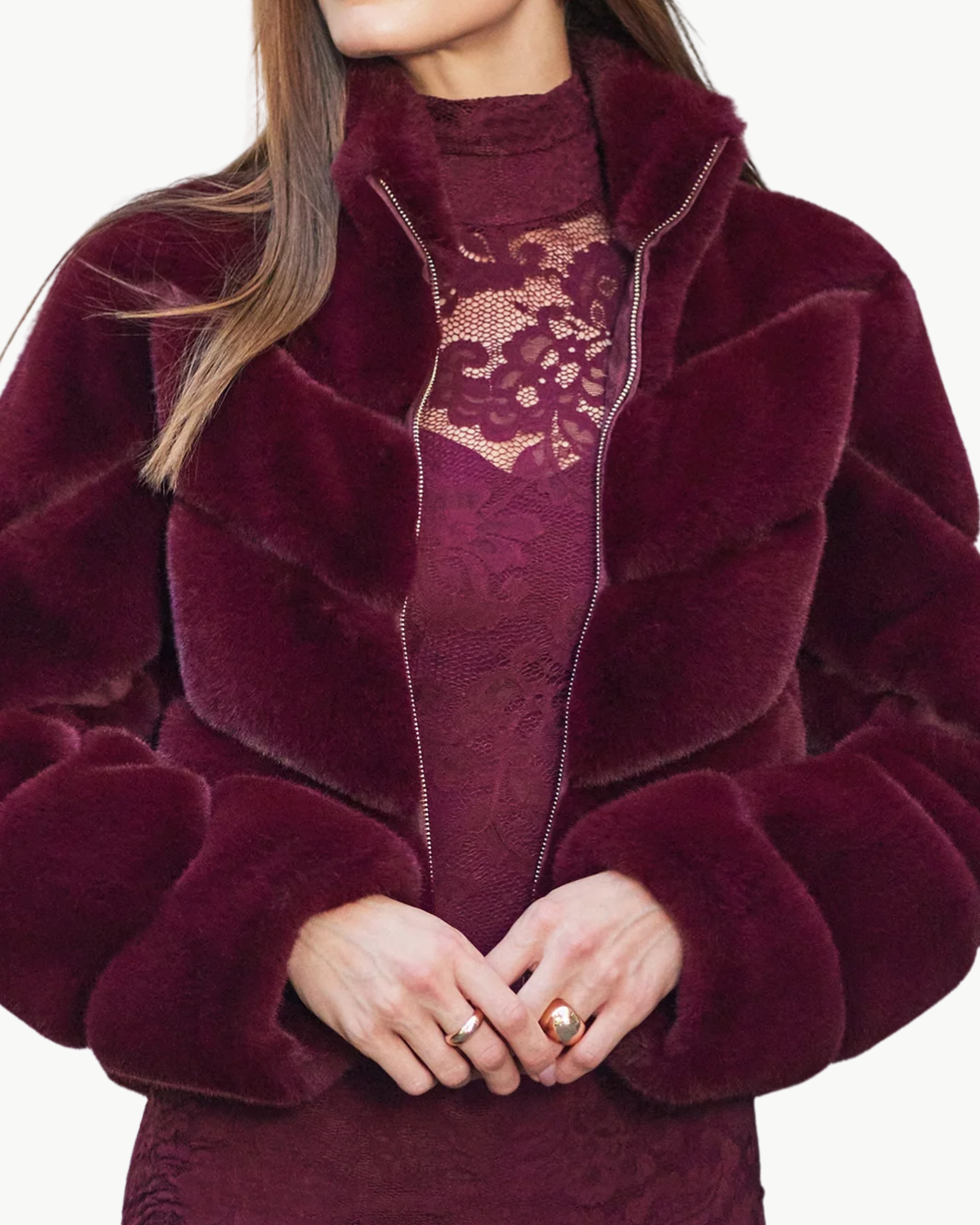 BRIANNA FAUX FUR JACKET IN CABERNET - Romi Boutique