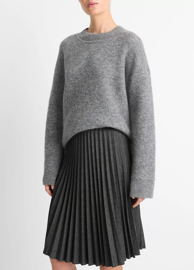 MID RISE PLEATED HERRINGBONE MIDI SKIRT IN CHARCOAL