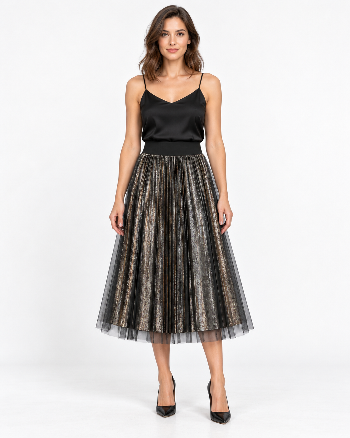 Metallic Pleat Knee Length Skirt