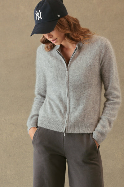 ELYSE FUZZY 2 WAY ZIP CARDIGAN IN HEATHER