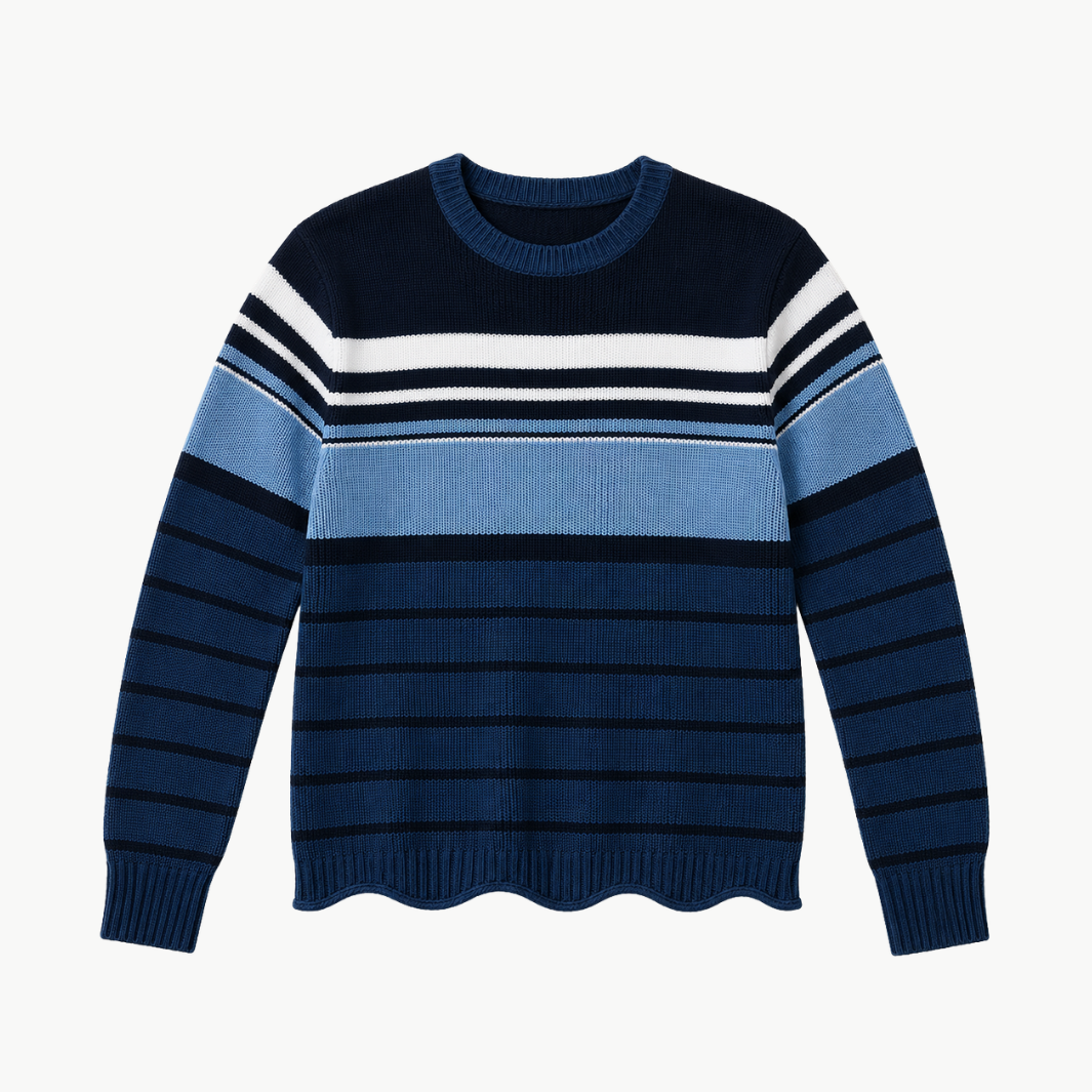 Engineered Stripe Scalloped Shaker Crewneck Sweater