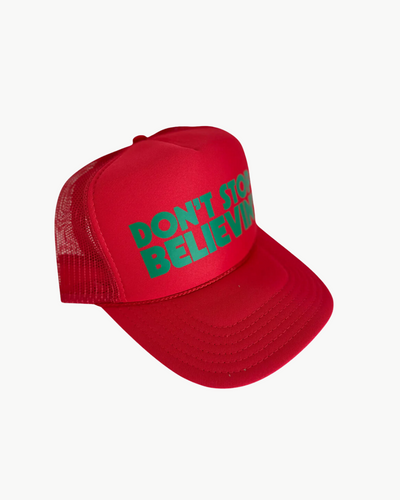 DON'T STOP BELIEVIN' TRUCKER HAT IN RED
