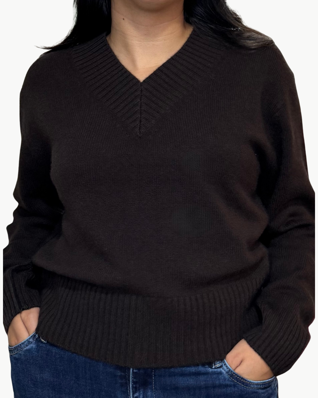 CASHMERE WIDE RIB TRIM VNECK IN DARK UMBER