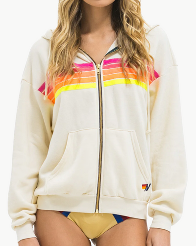 5 STRIPE RELAXED ZIP HOODIE IN VINTAGE WHITE/NEON