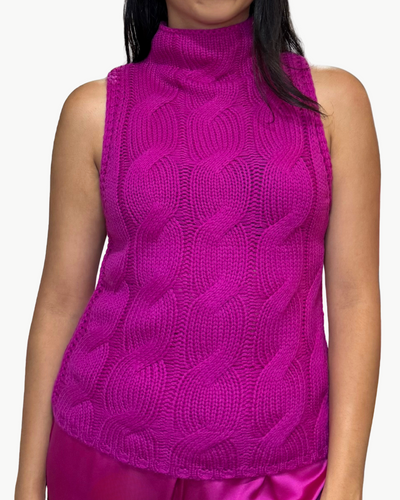 SALVIA SLEEVELESS CASHMERE CABLE TURTLENECK IN MAGENTA