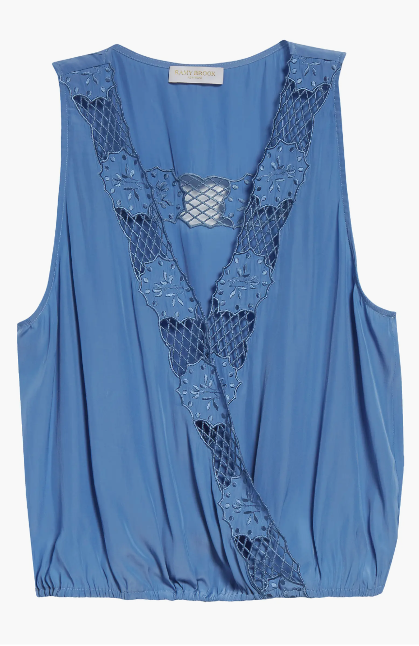 DAISY V-NECK EMBROIDERED TANK TOP IN CORNFLOWER - Romi Boutique