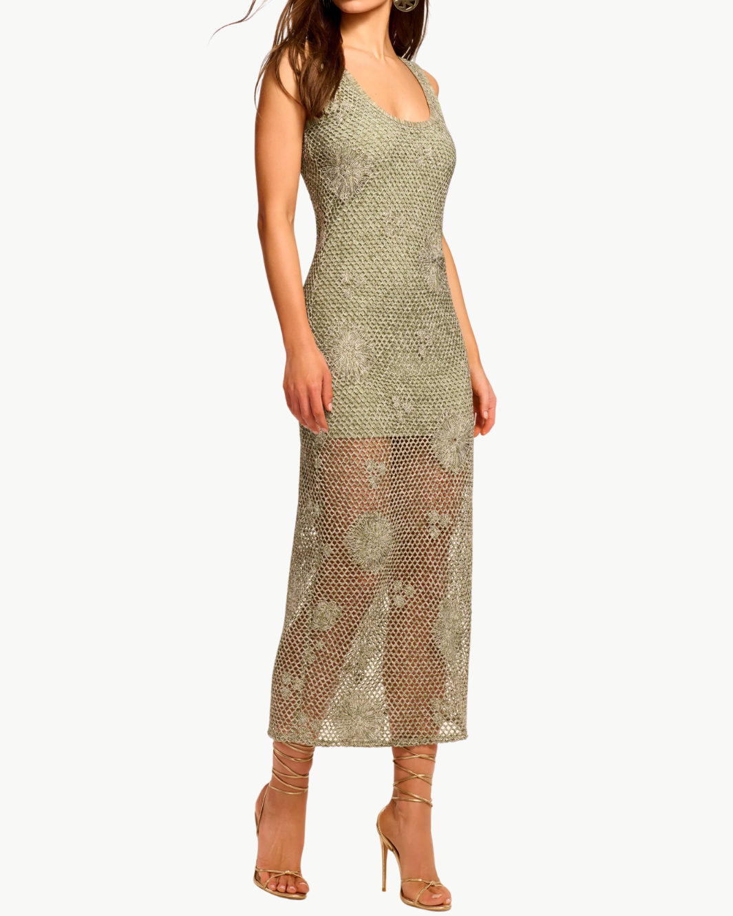 LILIANA METALLIC MIDI DRESS IN OLIVE CROCHET