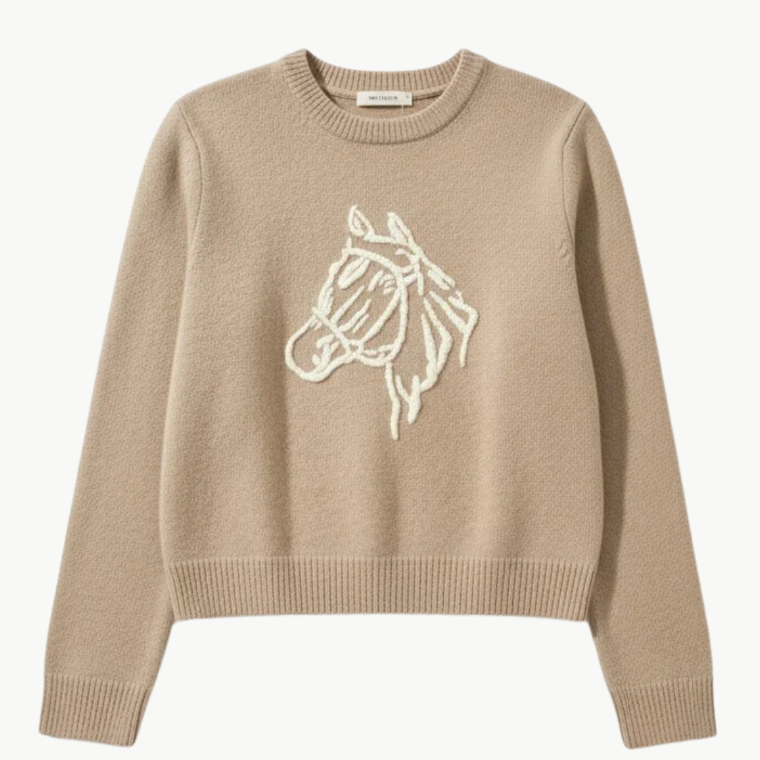 White & Warren CASHMERE BLEND HORSE EMBROIDERED CREW at Romi Boutique