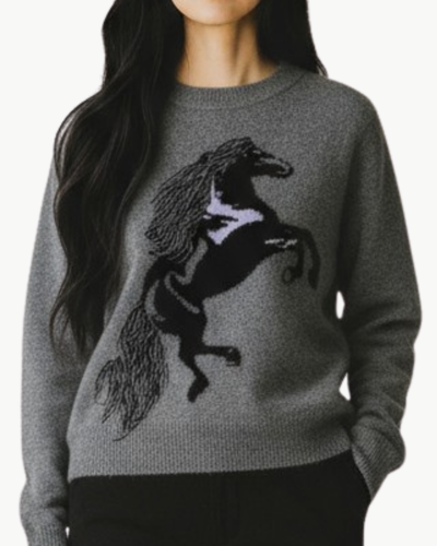 INTARSIA HORSE CREW WITH FRINGE IN CEMENT COMBO