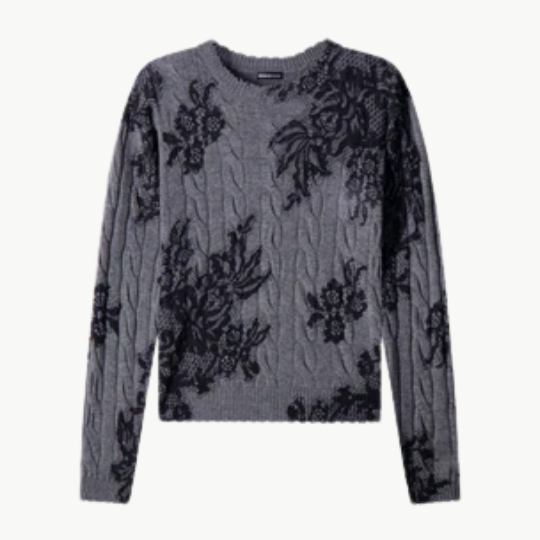 Minnie Rose Cashmere Printed Lace Cable Crew Neck at Romi Boutique