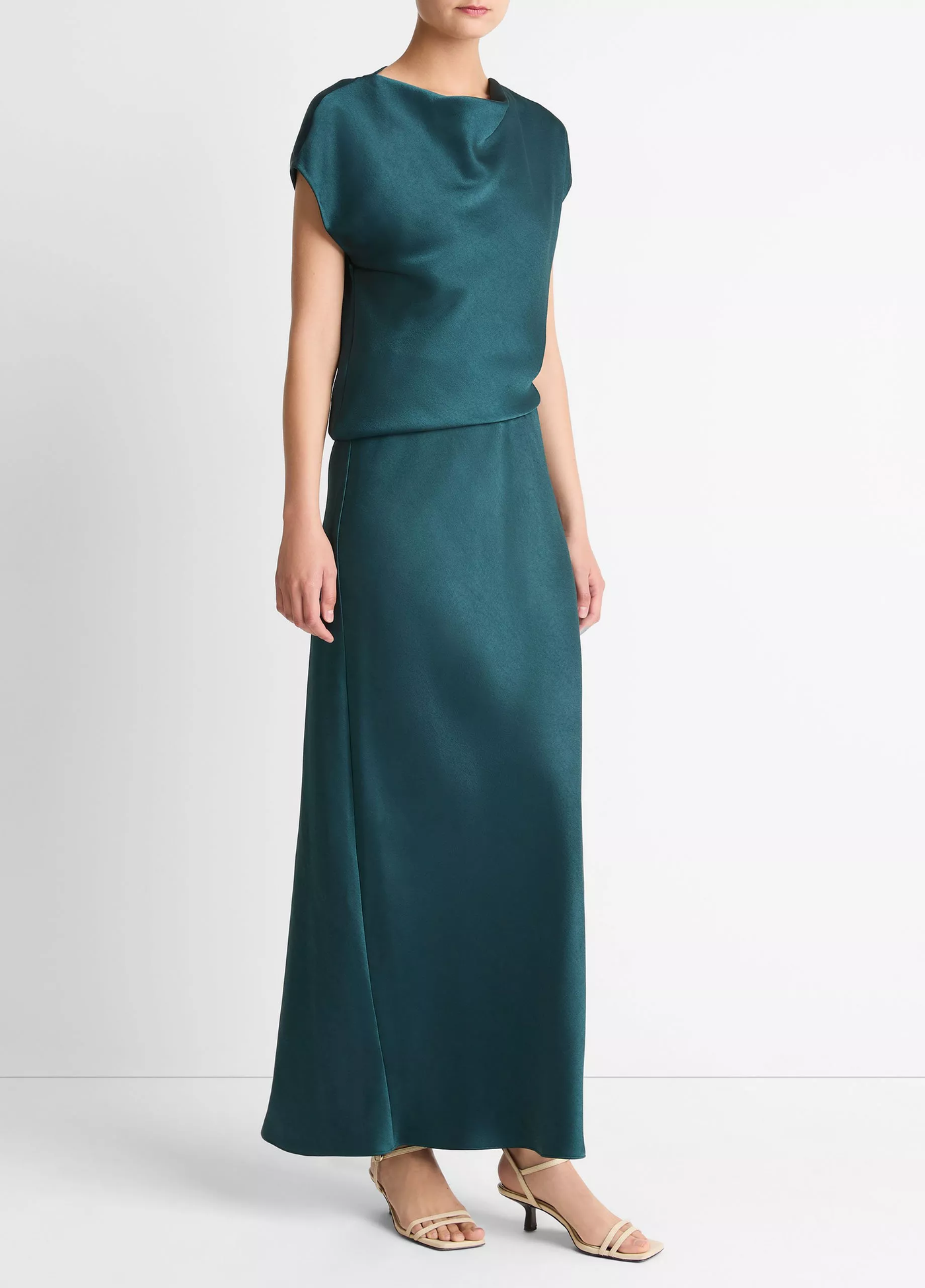 DRAPED SATIN COWL-NECK DRESS IN JUNIPER