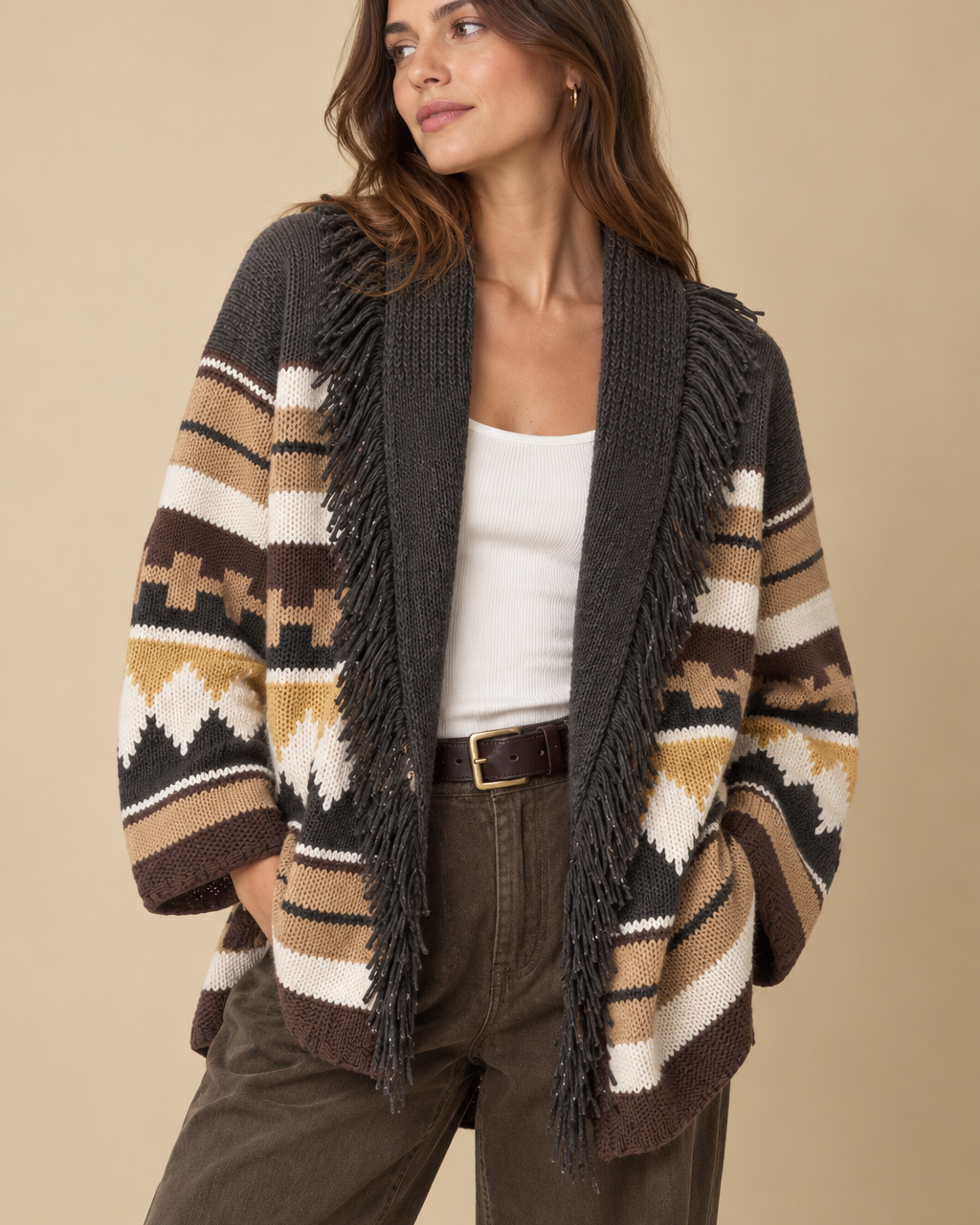 Autumn Cashmere Southwest Fringed Shawl Collar Throw at Romi Boutique