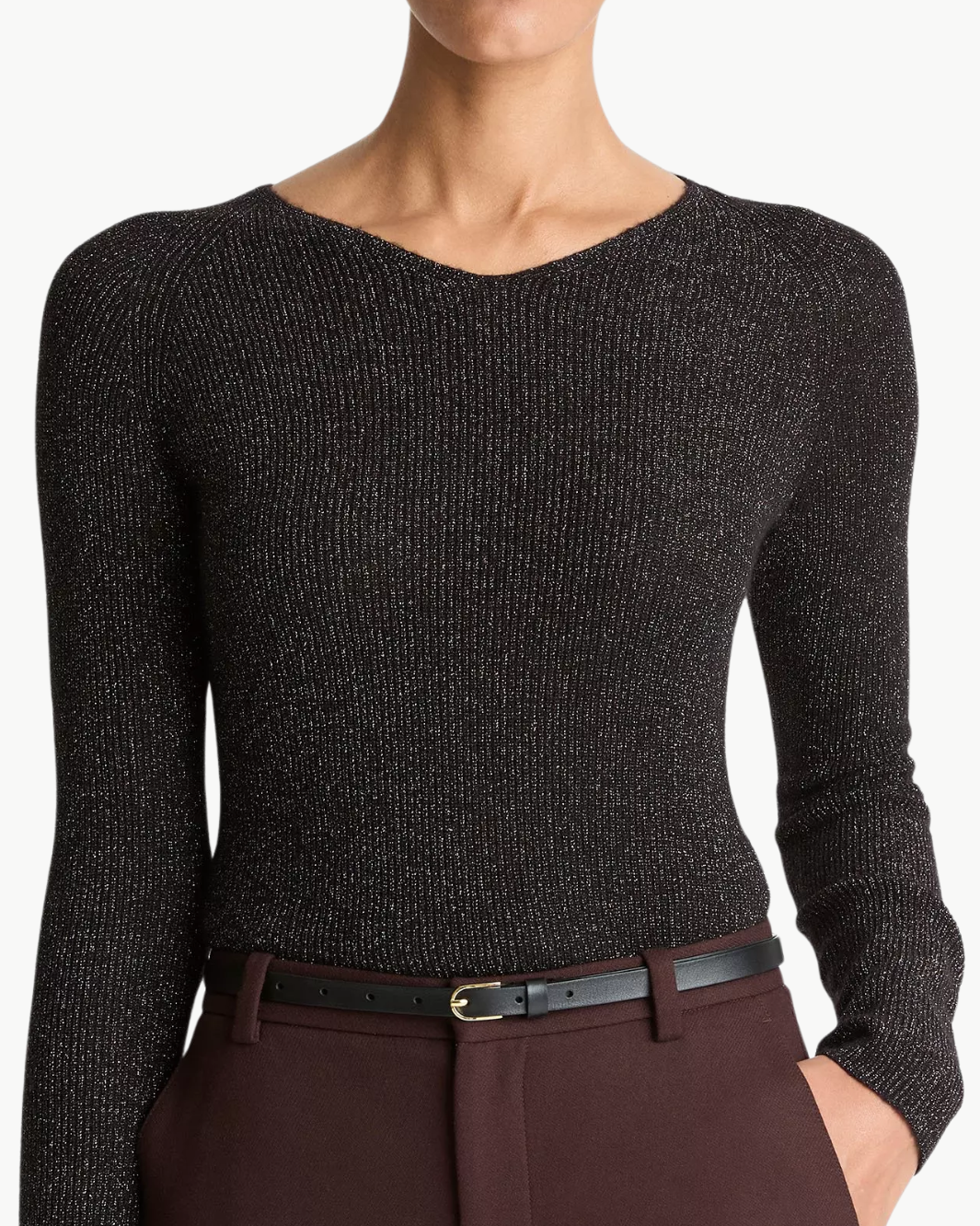 METALLIC RIBBED HIGH V-NECK SWEATER IN BLACK