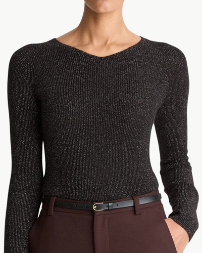 METALLIC RIBBED HIGH V-NECK SWEATER IN BLACK