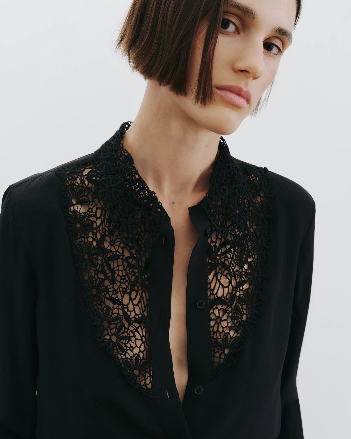 Nili Lotan ZOLA LACE/SILK SHIRT IN BLACK at Romi Boutique