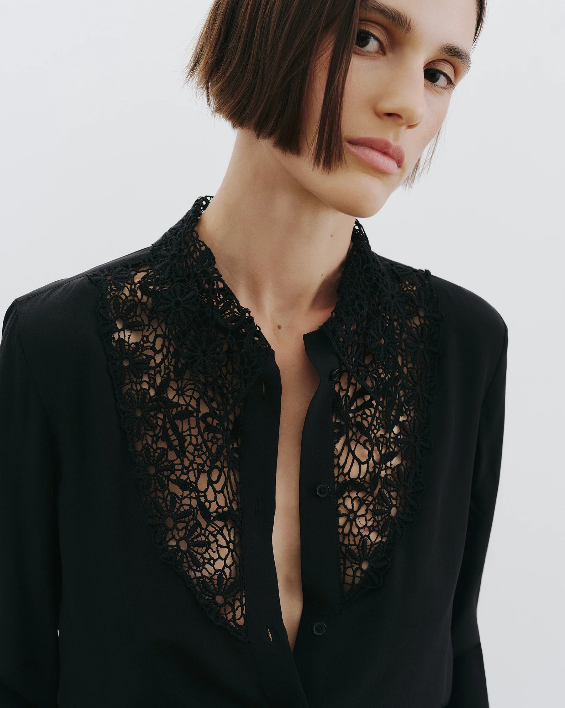Nili Lotan ZOLA LACE/SILK SHIRT IN BLACK at Romi Boutique