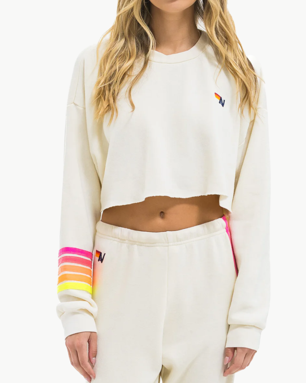 RUGBY STITCH CROPPED CREW SWEATSHIRT IN VINTAGE WHITE/NEON