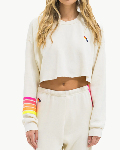 RUGBY STITCH CROPPED CREW SWEATSHIRT IN VINTAGE WHITE/NEON