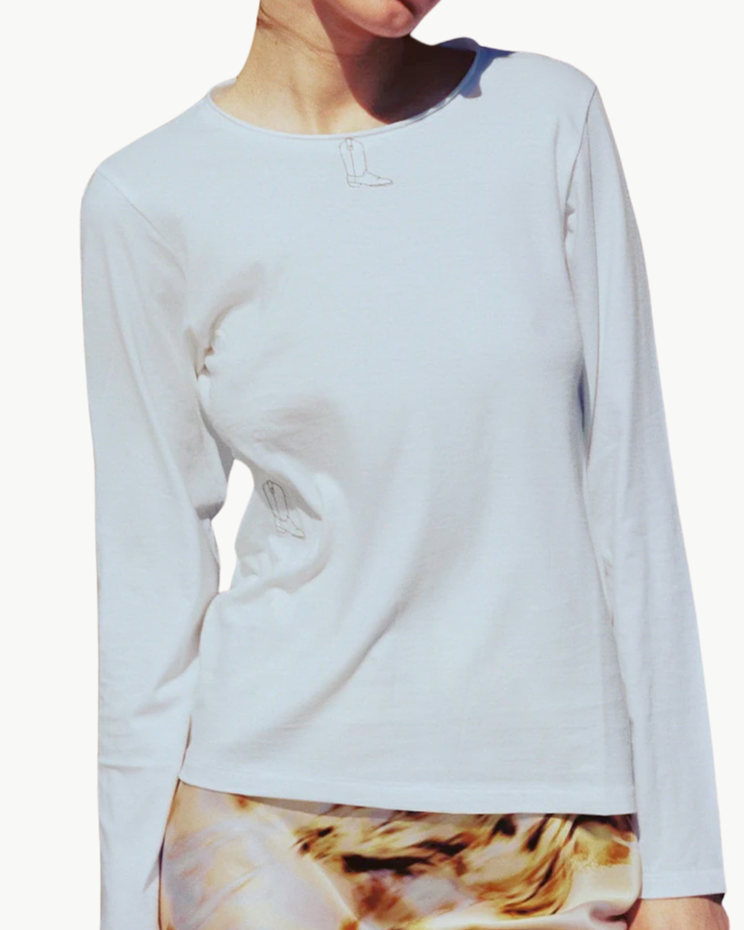EMBROIDERED BOOT LONG SLEEVE COTTON T-SHIRT IN WHITE - Romi Boutique