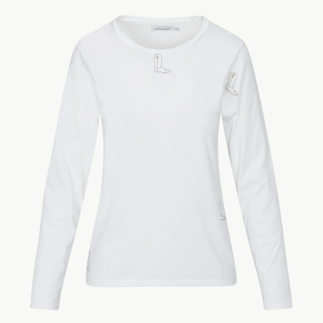 EMBROIDERED BOOT LONG SLEEVE COTTON T-SHIRT IN WHITE - Romi Boutique